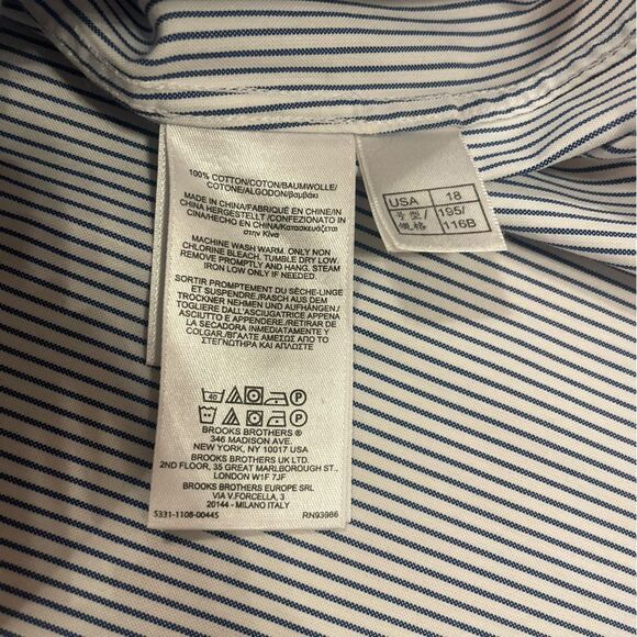 Brooks Brothers Regent Button Down Shirt Non Iron White Blue Stripes Mens 18 - Picture 7 of 10